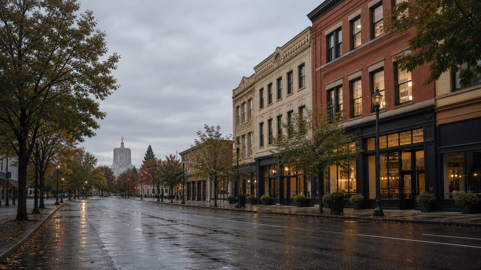 Downtown Salem storefronts with the Oregon State Capitol in the distance.