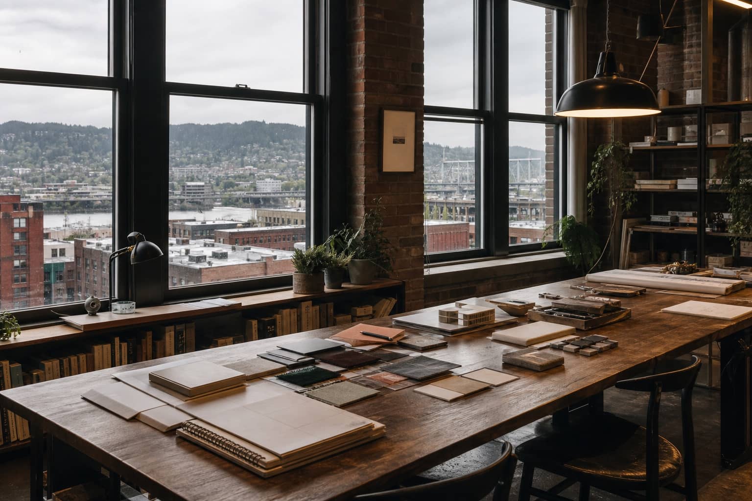 A professional Portland studio overlooking the Willamette River and urban bridges.