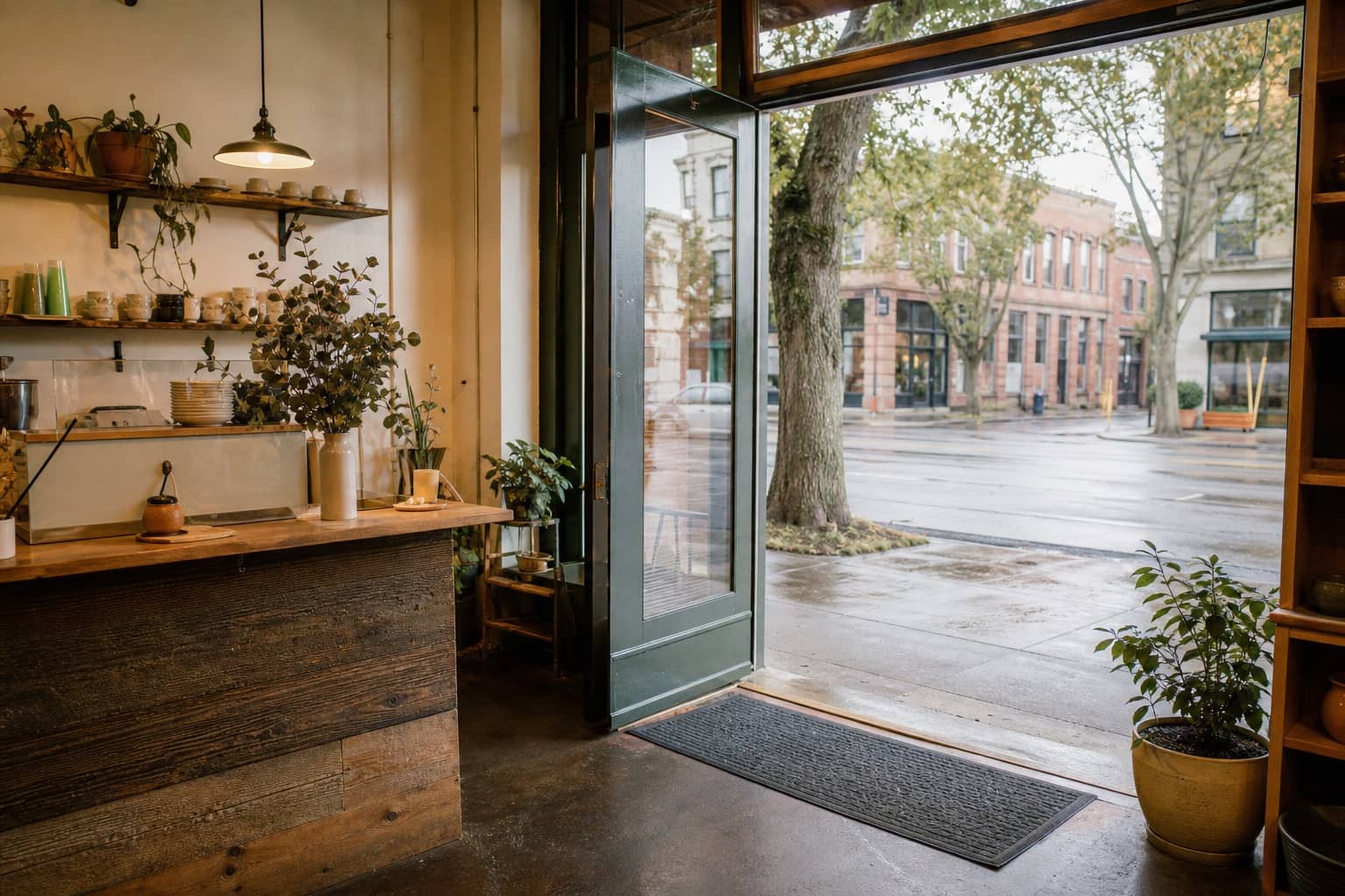 A warm independent shop interior opening onto a downtown Salem street.