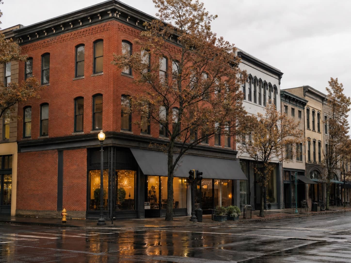 Historic brick storefronts along a rain-washed downtown Salem streetscape.