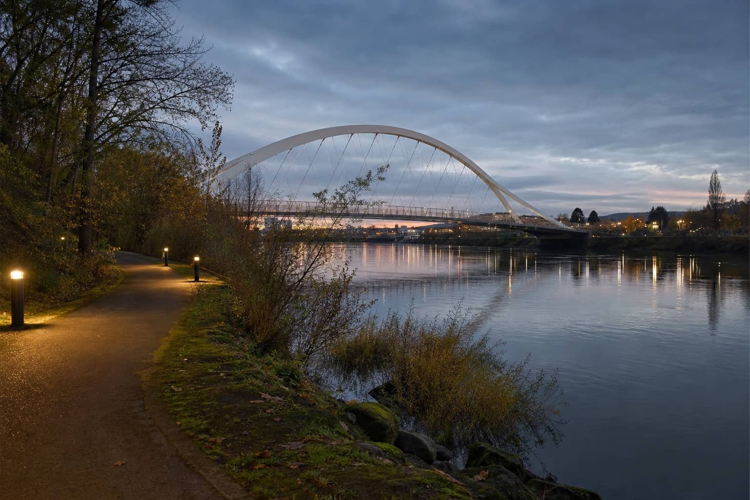 A Salem riverfront scene with a white pedestrian bridge over the Willamette River.
