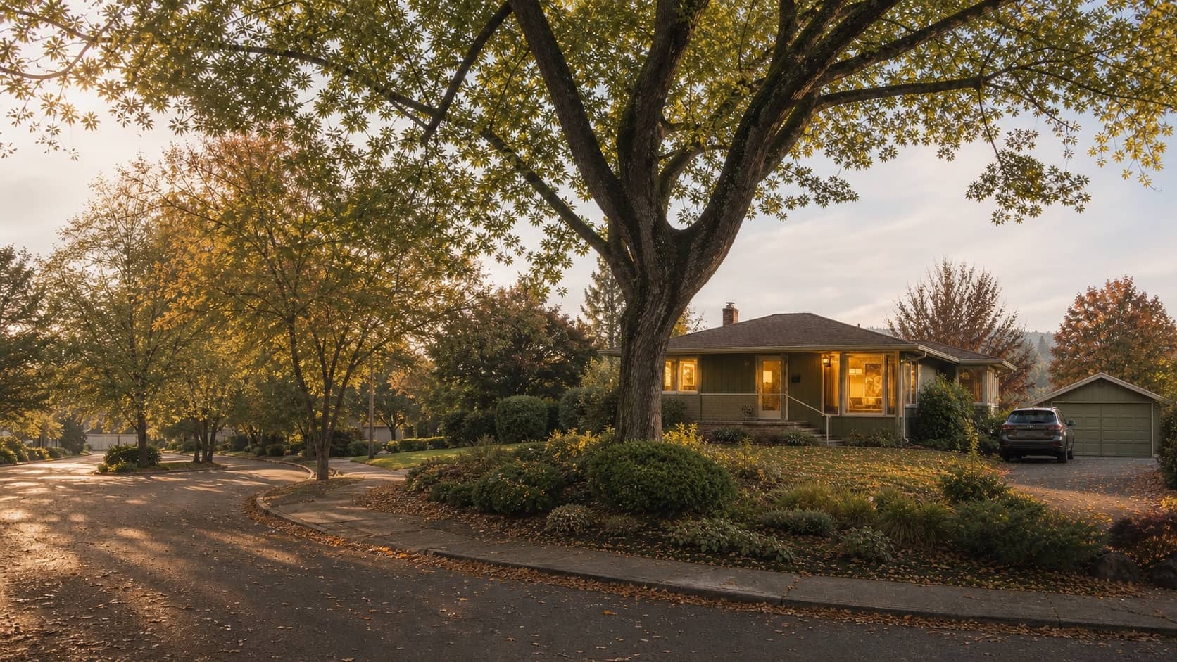 A mid-century South Salem home and vehicle in warm autumn light.