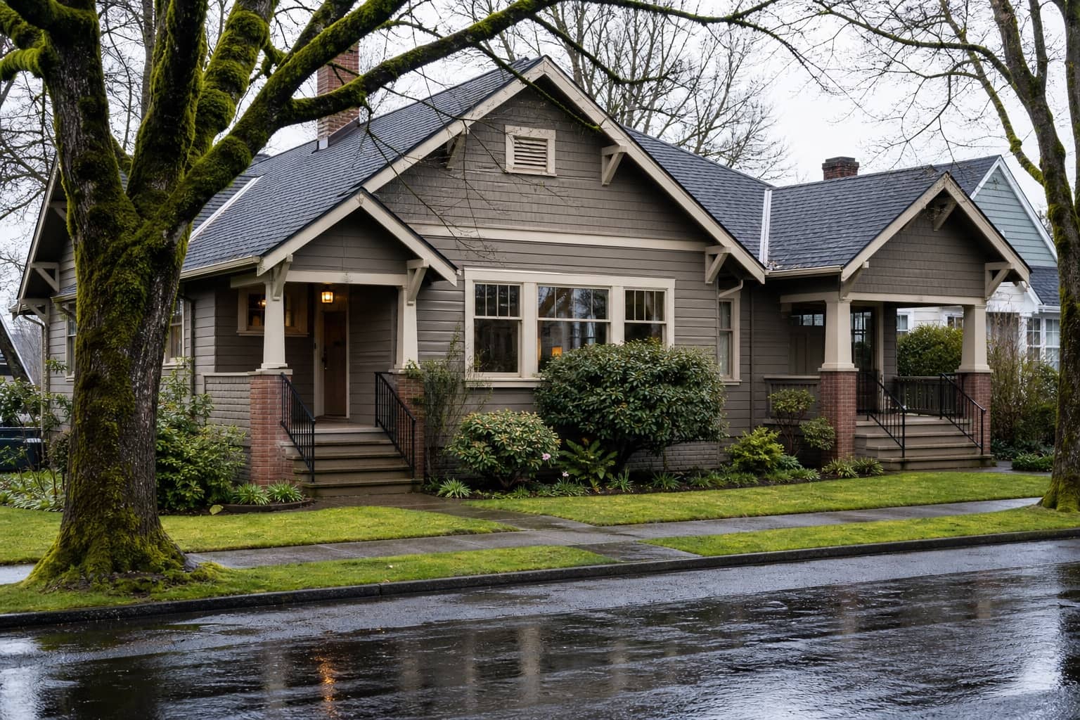 A paired Salem cottage with two covered entries beneath mossy street trees.